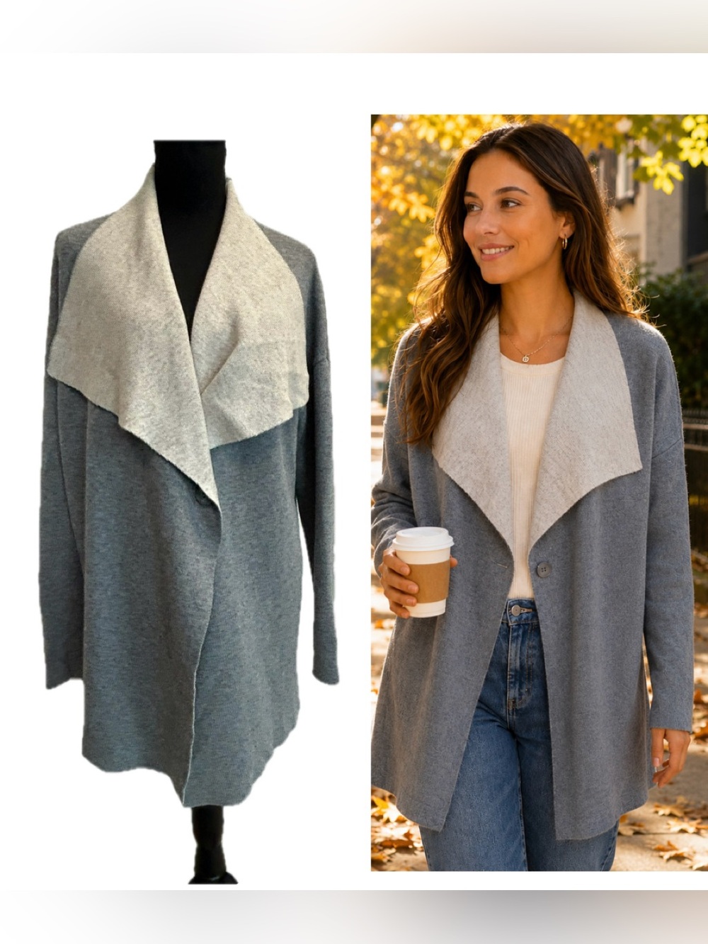 Catherine Malandrino Gray & Ivory Open Front Cardigan Sweater – Size Large
